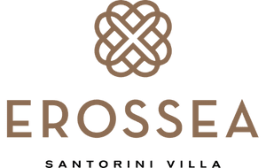 erossea logo vertical in gold and black lettering and a flower-like symbol in gold