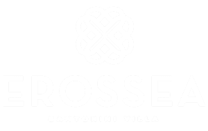 Erossea Villa logo in a white color featuring a flower-like symbol