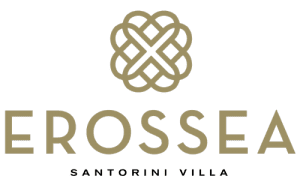 erossea logo vertical in gold and black lettering and a flower-like symbol in gold
