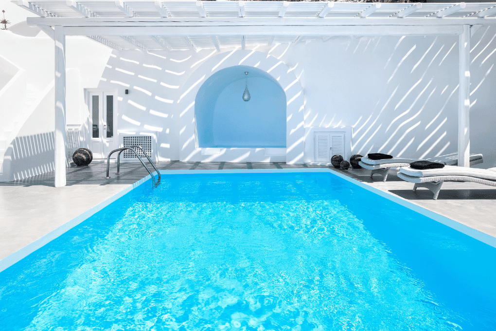 Erossea Villa Santorini jacuzzi and pool front view