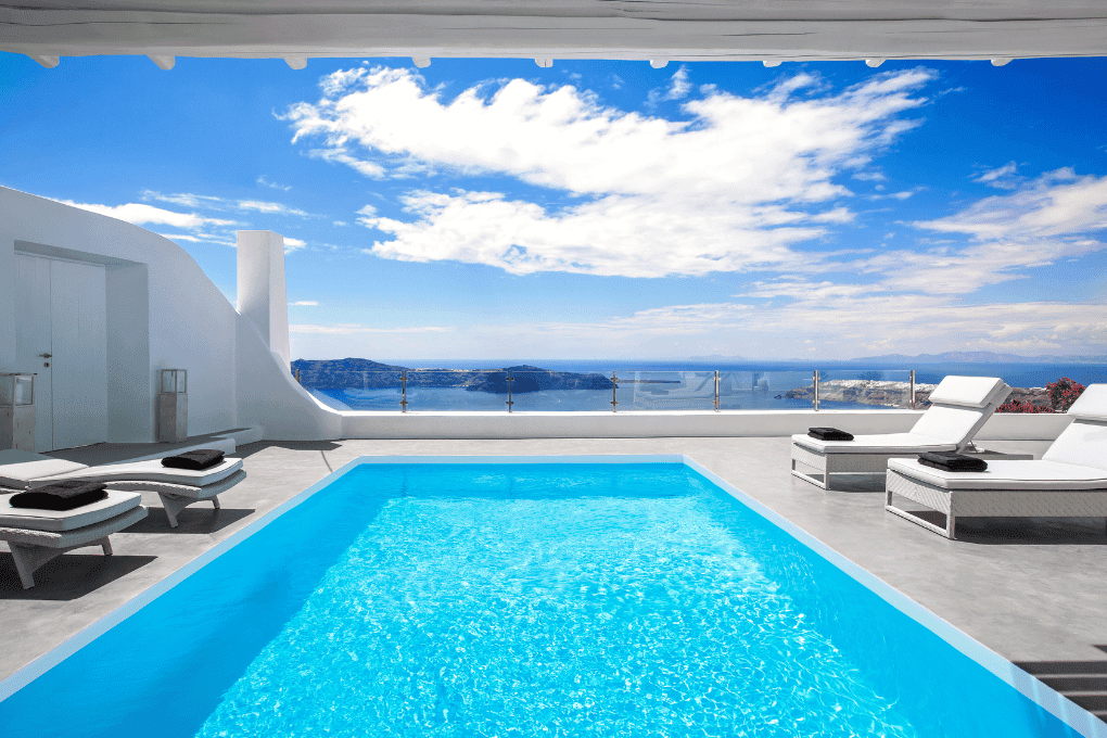 Erossea Villa Santorini pool close up with view