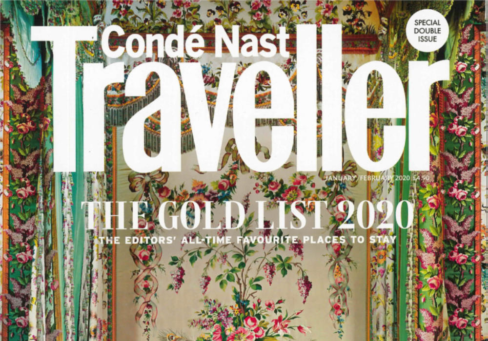 Cover of Traveller Magazine featuring the Gold List 2020, showcasing luxury travel destinations including Erossea Villa Santorini