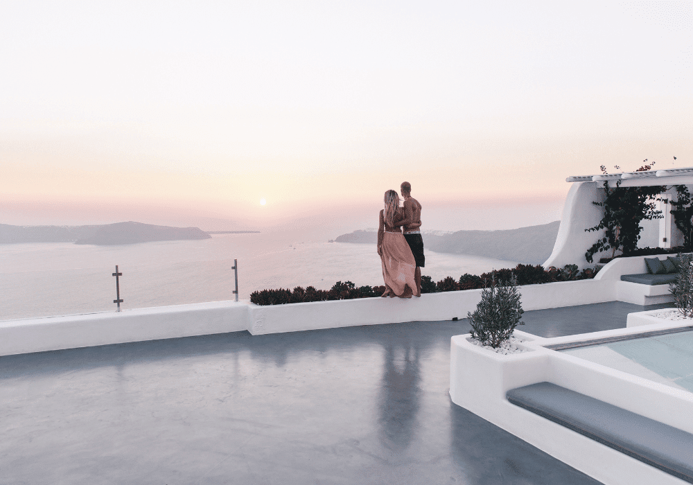A stunning view of Erossea Villa in Santorini, Greece, showcasing its iconic architecture and breathtaking landscape