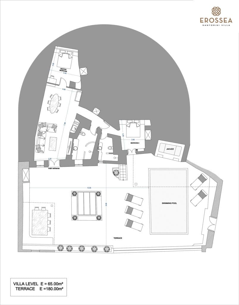 Floor plan of Erossea Santorini Villa showcasing the villa level and terrace area with details of the master bedroom, bedroom 2, living area, dining area, jacuzzi, swimming pool, and outdoor terrace layout.