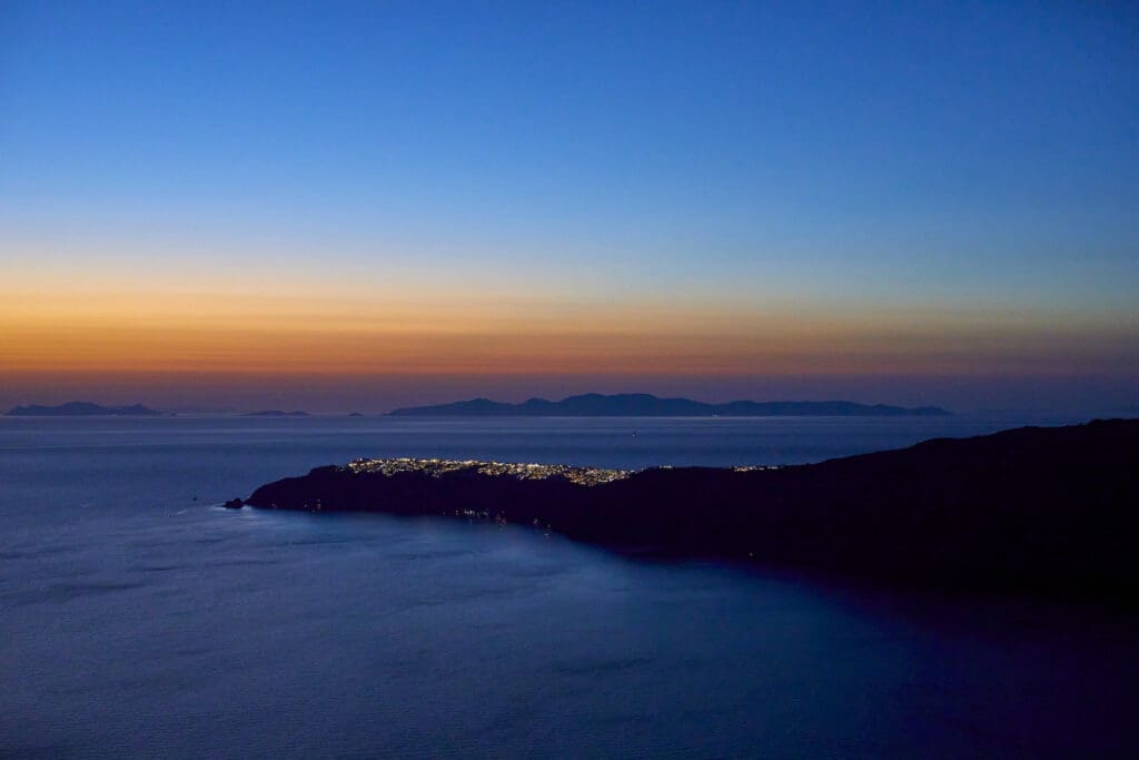 Sunset over the Santorini caldera as seen from Imerovigli